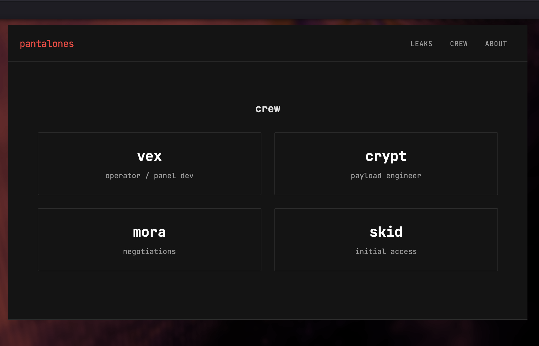 Pantalones crew page listing vex, crypt, mora, and skid